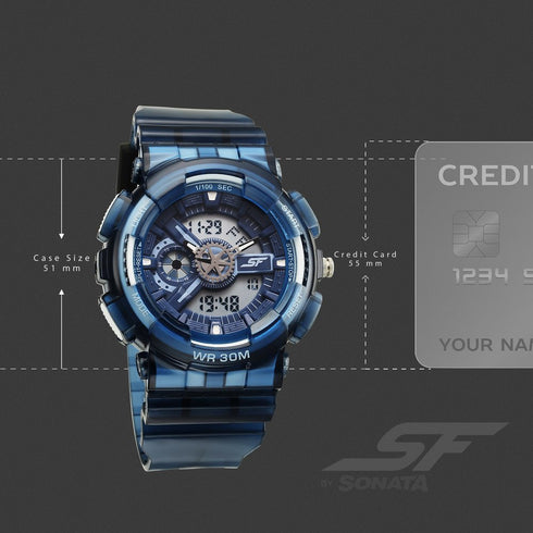 Sonata SF Spectra Quartz Digital Blue Dial Translucent Blue PU Strap Watch For Men