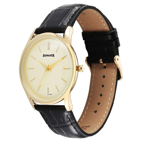 Sonata Eternia Quartz Analog Golden Dial Leather Strap Watch For Men