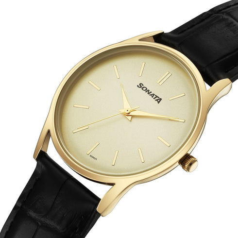 Sonata Eternia Quartz Analog Golden Dial Leather Strap Watch For Men