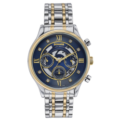 Sonata Wedding Edit Quartz Multifunction Blue Dial Stainless Steel Strap Watch For Men Style NU77146BM01