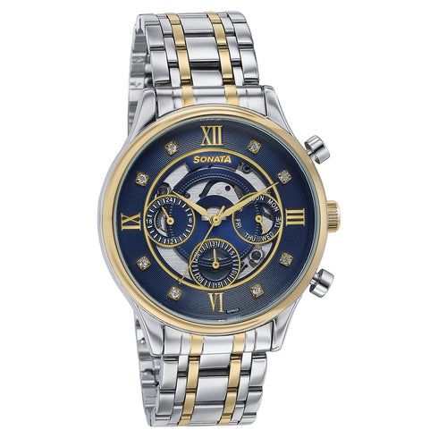 Sonata Wedding Edit Quartz Multifunction Blue Dial Stainless Steel Strap Watch For Men Style NU77146BM01