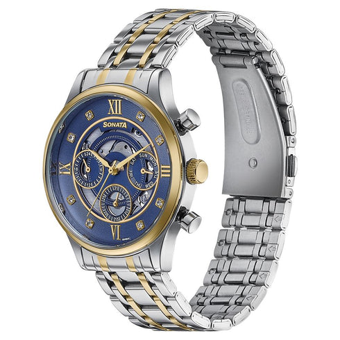 Sonata Wedding Edit Quartz Multifunction Blue Dial Stainless Steel Strap Watch For Men Style NU77146BM01