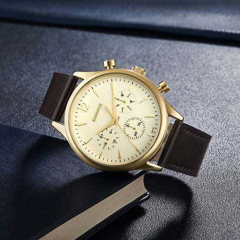Sonata Quartz Multifunction Golden Dial Brown Leather Strap Watch For Men