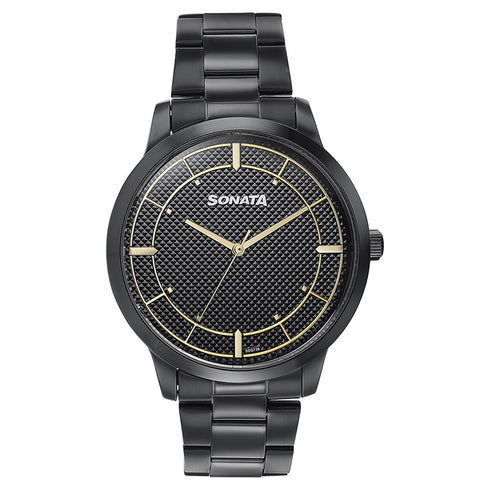 Sonata Quartz Analog Black Dial Black Stainless Steel Strap Watch For Men