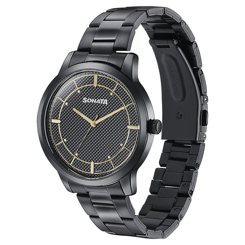 Sonata Quartz Analog Black Dial Black Stainless Steel Strap Watch For Men