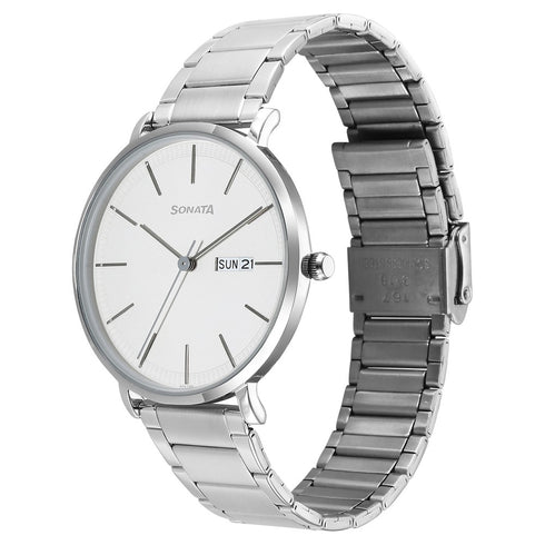 Sonata Ascent Quartz Analog with Day and Date White Dial Stainless Steel Strap Watch For Men