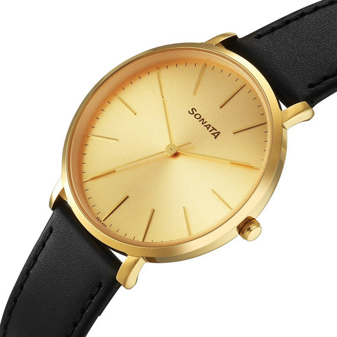 Sonata Traditional Essentials Quartz Analog Champagne Dial Black Leather Strap Watch For Men