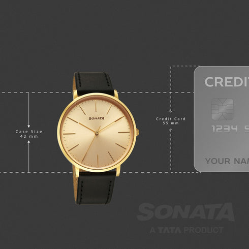 Sonata Traditional Essentials Quartz Analog Champagne Dial Black Leather Strap Watch For Men