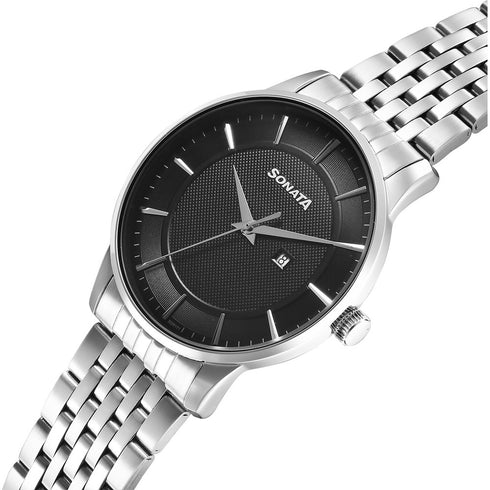 Sonata Wedding Quartz Analog Black Dial Stainless Steel Strap Watch For Men Style NU77153SM01
