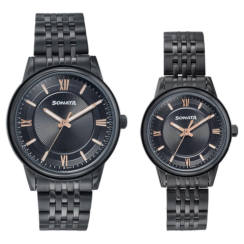 Sonata Wedding Edit Quartz Analog Black Dial Stainless Steel Strap Watch For Pair Style NU7715487076NM01