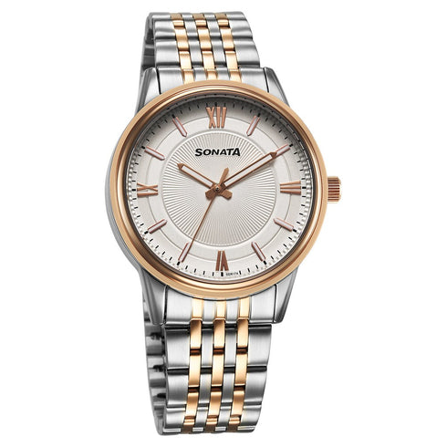 Sonata Wedding Quartz Analog Off White Dial Stainless Steel Strap Watch For Men Style NU77154KM02