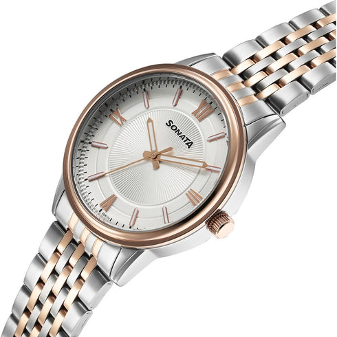 Sonata Wedding Quartz Analog Off White Dial Stainless Steel Strap Watch For Men Style NU77154KM02