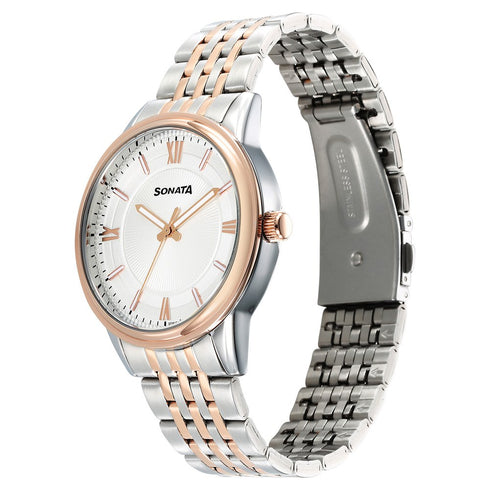 Sonata Wedding Quartz Analog Off White Dial Stainless Steel Strap Watch For Men Style NU77154KM02