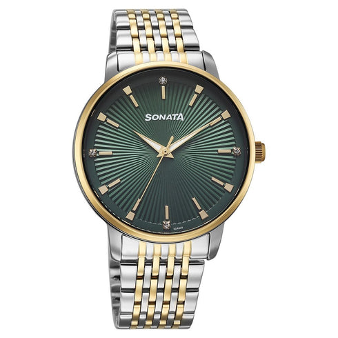 Sonata Eternia Quartz Analog Green Dial Metal Strap Watch For Men