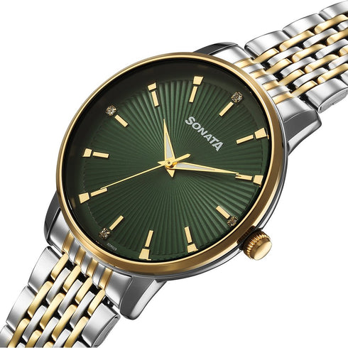 Sonata Eternia Quartz Analog Green Dial Metal Strap Watch For Men