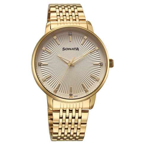 Sonata Eternia Quartz Analog Golden Dial Metal Strap Watch For Men