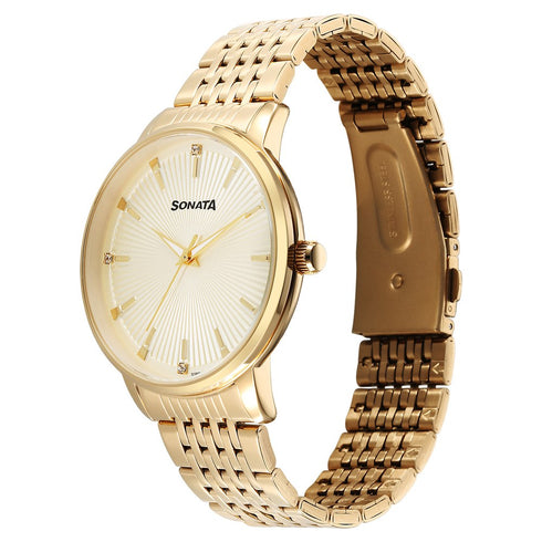 Sonata Eternia Quartz Analog Golden Dial Metal Strap Watch For Men