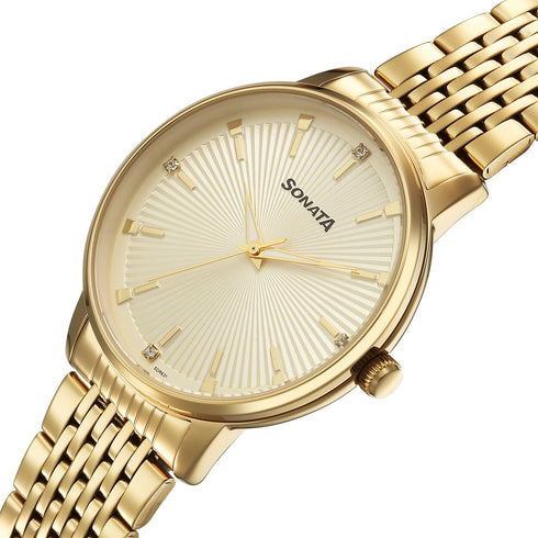Sonata Eternia Quartz Analog Golden Dial Metal Strap Watch For Men