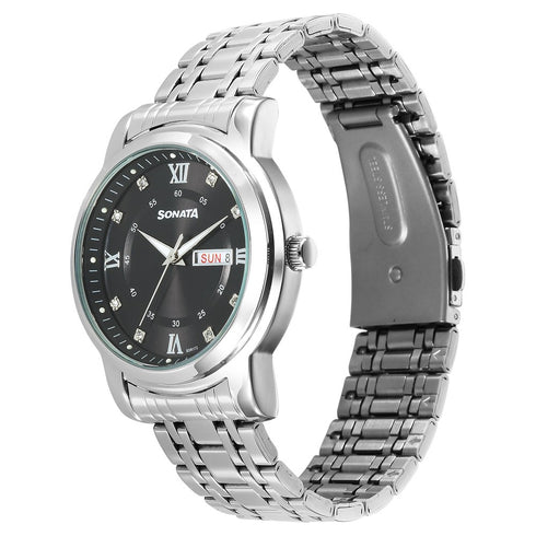 Sonata Wedding Quartz Analog Black Dial Stainless Steel Strap Watch For Men Style NU77157SM01