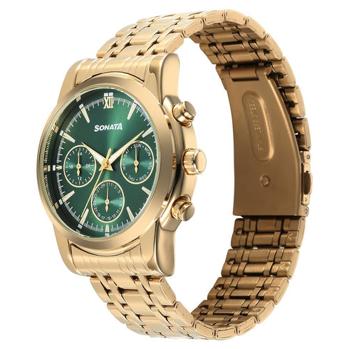 Sonata Wedding Multifunction Green Dial Stainless Steel Strap Watch For Men