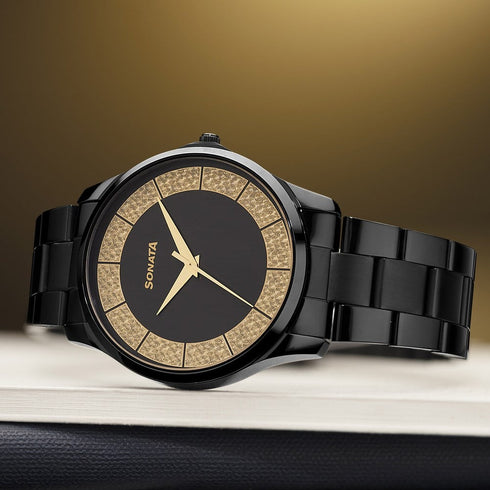 Sonata Traditional Essentials Quartz Analog Multicoloured Dial Black Metal Strap Watch For Men