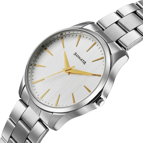 Sonata Traditional Essentials Quartz Analog Silver Dial Silver Metal Strap Watch For Men