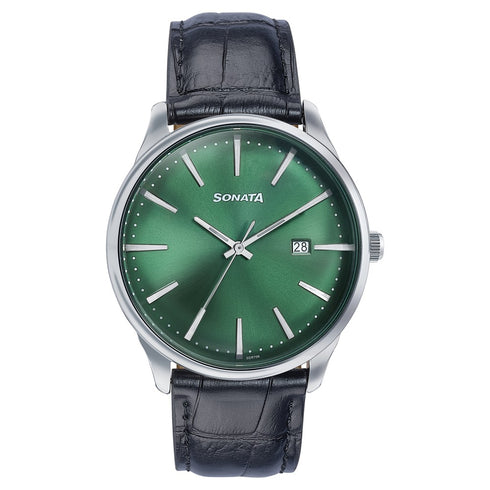 Sonata Wedding Edit Quartz Analog with Date Green Dial Leather Strap Watch For Men