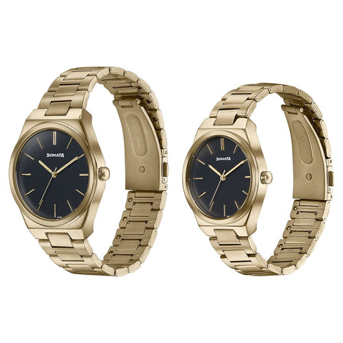 Sonata Wedding Edit Quartz Analog Black Dial Stainless Steel Strap Watch For Pair Style NU7716987088YM01
