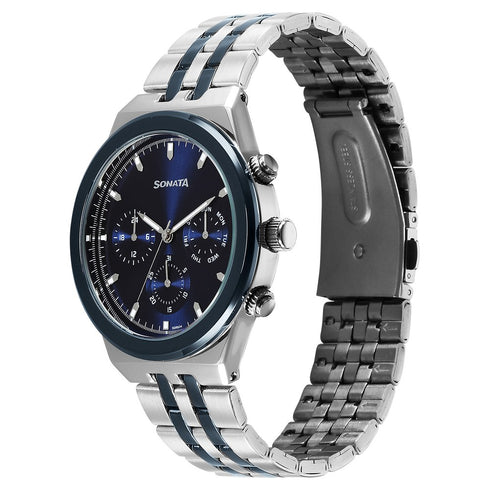 Sonata Eternia Quartz Multifunction Blue Dial Metal Strap Watch For Men