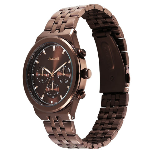 Sonata Eternia Quartz Multifunction Brown Dial Metal Strap Watch For Men