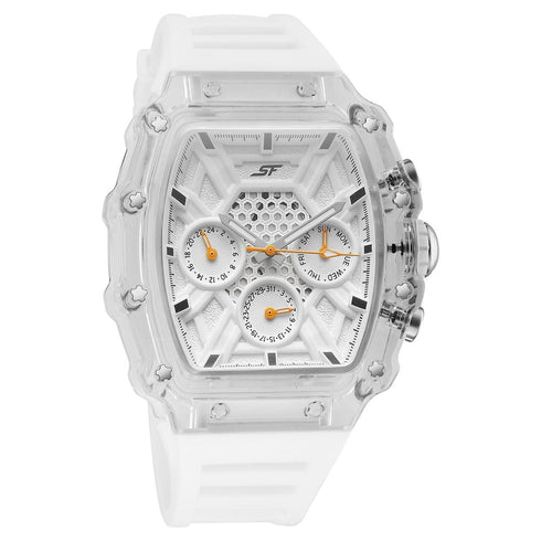 Sonata SF Maiden Voyage Sport Watch White Dial And Strap Tonneau Shaped Case with Multifunction movement
