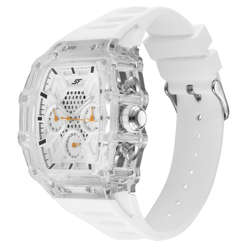 Sonata SF Maiden Voyage Sport Watch White Dial And Strap Tonneau Shaped Case with Multifunction movement