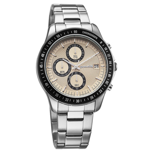 Sonata Chronos Quartz Analog with Date Champagne Dial Silver Colour Stainless Steel Strap Watch For Men