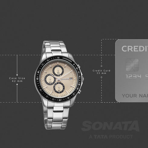 Sonata Chronos Quartz Analog with Date Champagne Dial Silver Colour Stainless Steel Strap Watch For Men