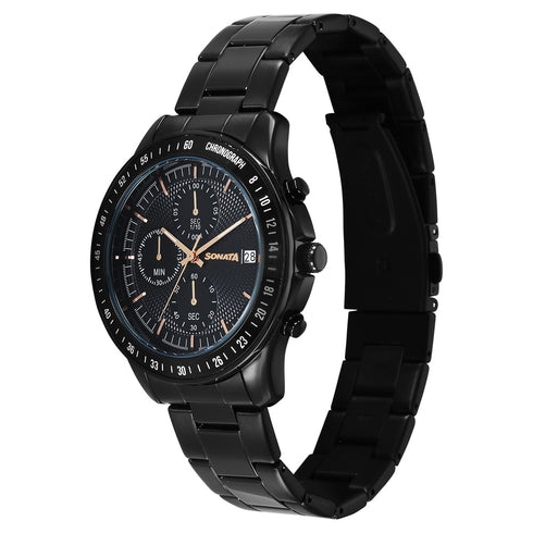 Sonata Chronos Quartz Analog with Date Black Dial Black Colour Stainless Steel Strap Watch For Men