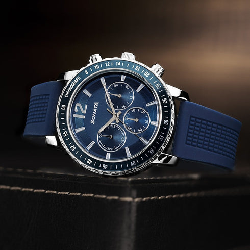 Sonata Chronos Quartz Analog with Date Blue Dial Blue Colour Plastic Strap Watch For Men