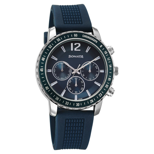 Sonata Chronos Quartz Analog with Date Blue Dial Blue Colour Plastic Strap Watch For Men