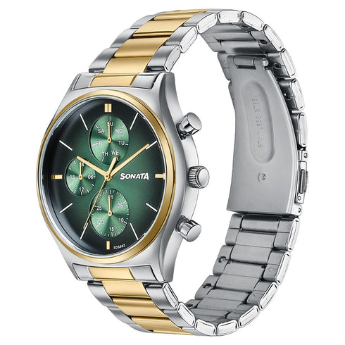 Sonata Festive Quartz Multifunction Green Dial Two Toned Metal Strap Watch For Men