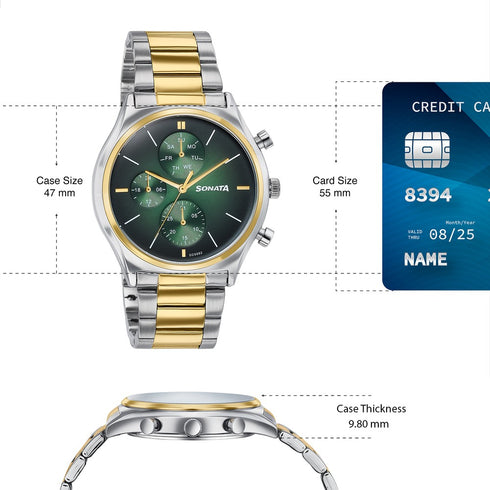 Sonata Festive Quartz Multifunction Green Dial Two Toned Metal Strap Watch For Men