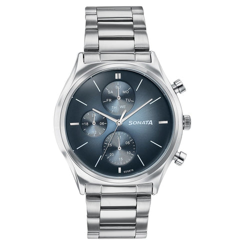 Sonata Festive Quartz Multifunction Blue Dial Silver Metal Strap Watch For Men