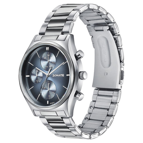 Sonata Festive Quartz Multifunction Blue Dial Silver Metal Strap Watch For Men