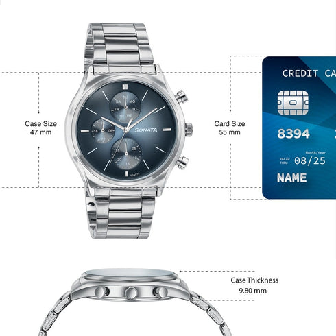Sonata Festive Quartz Multifunction Blue Dial Silver Metal Strap Watch For Men