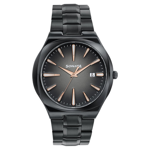 Sonata Festive Quartz Analog Black Dial Black Metal Strap Watch For Men
