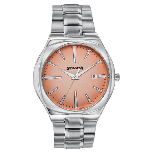 Sonata Festive Quartz Analog Peach Dial Silver Metal Strap Watch For Men