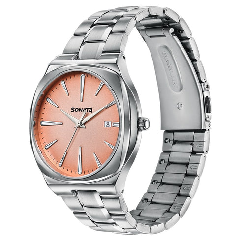 Sonata Festive Quartz Analog Peach Dial Silver Metal Strap Watch For Men