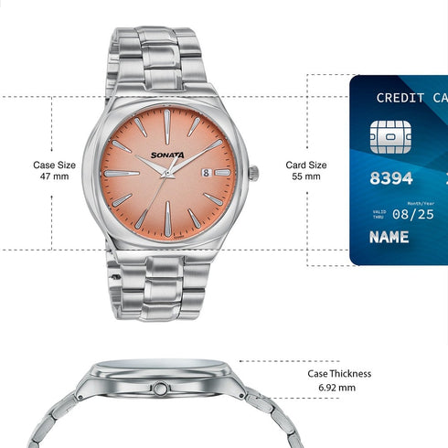 Sonata Festive Quartz Analog Peach Dial Silver Metal Strap Watch For Men
