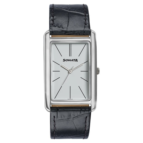 Sonata Ascent White Rectangular Watch with Leather Strap