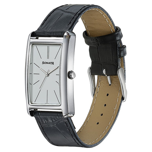 Sonata Ascent White Rectangular Watch with Leather Strap