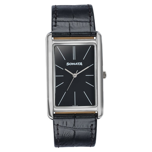 Sonata Ascent Black Rectangular Watch with Black Leather