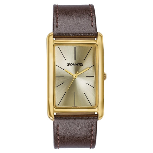 Sonata Ascent Gold Rectangular Watch with Brown Leather